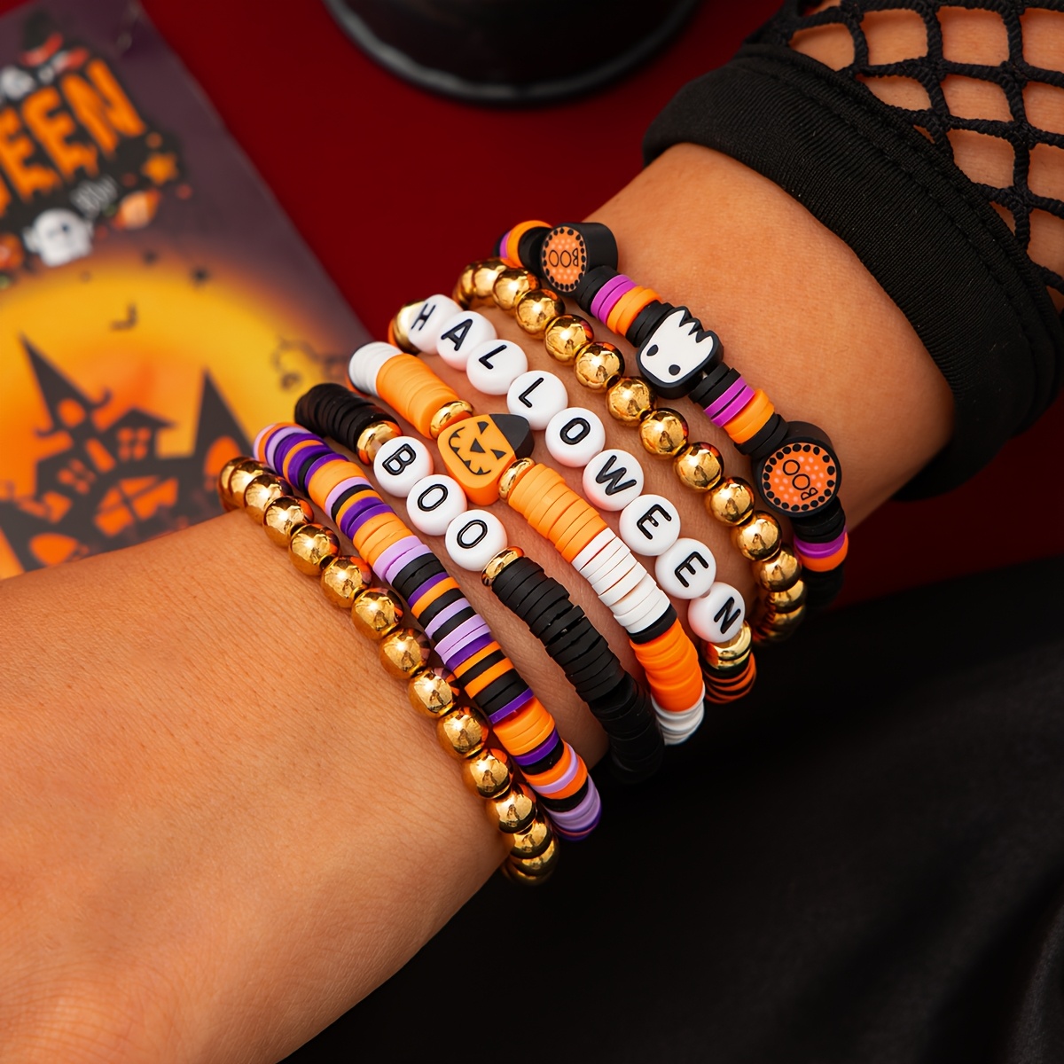 7pcs Halloween Polymer Clay Beaded Bracelet Set